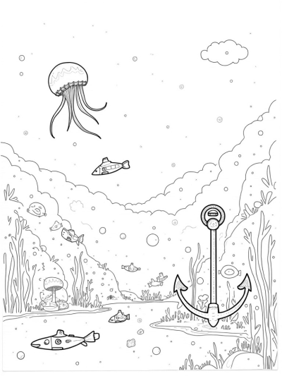 Underwater City with Colorful Submarines and Jellyfish