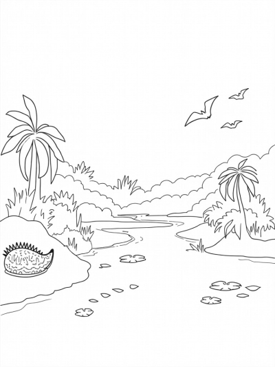 Prehistoric Jungle with Dinosaur Egg and Pterosaurs