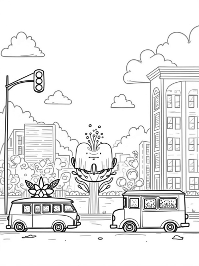 Colorful Buses and a Flower Garden on a Bustling Street