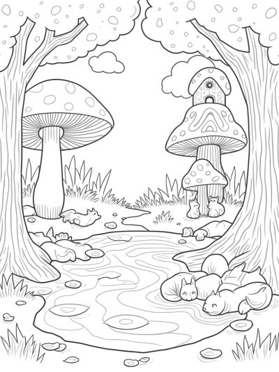 Forest Glade with Oversized Mushrooms and Cozy Foxes