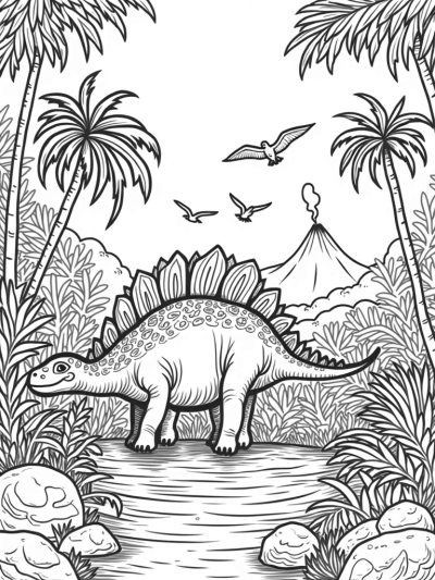 Stegosaurus in a Vibrant Prehistoric Jungle