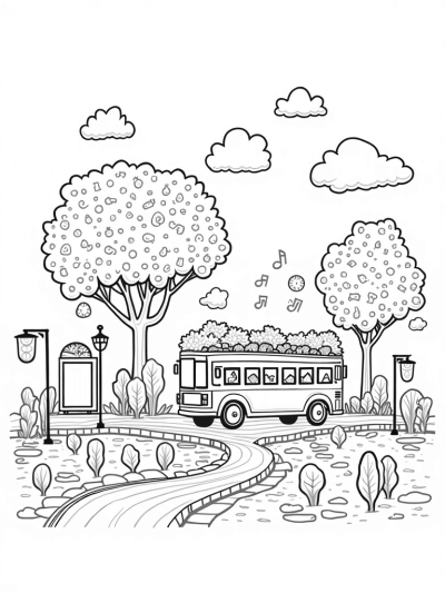 Flower-Shaped Bus in a Colorful Cityscape