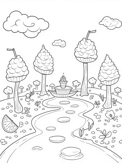 Boba Tea Garden with Towering Cups and Tapioca Pathway