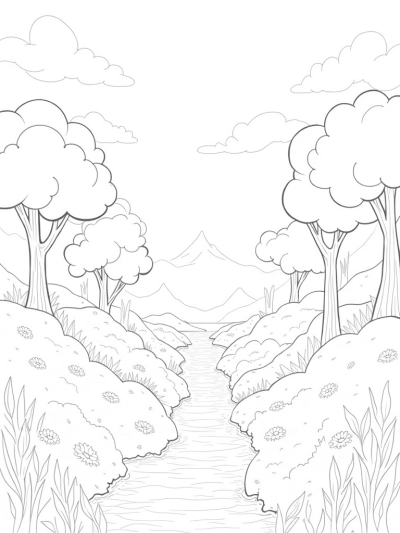 Serene Valley with Gemstone Pebbles and Spiraling Trees