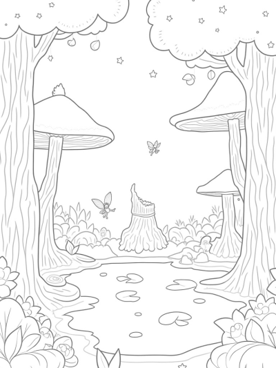 Magical Forest Glade with Fairies and Mushrooms