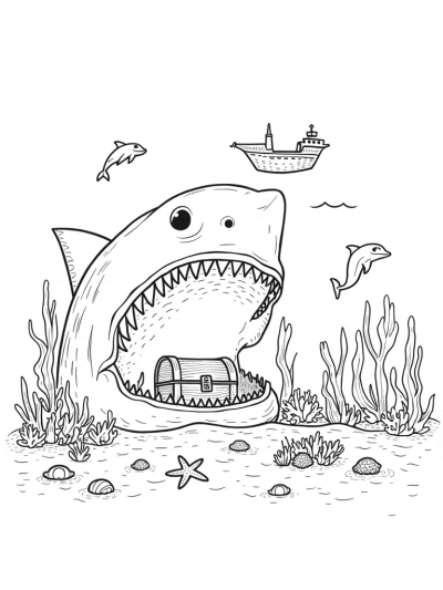 Underwater Coral Reef Shark with Treasure