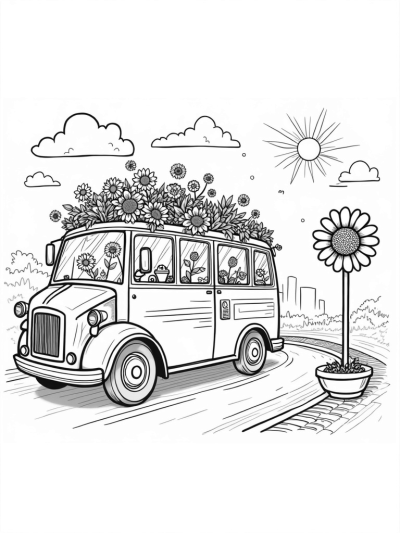 Colorful Flower Garden Bus in a Whimsical Cityscape