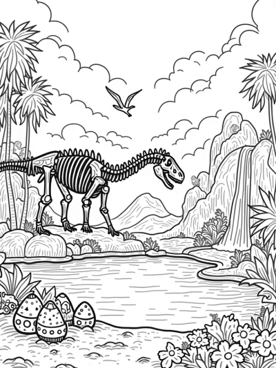 Dinosaur Skeleton and Prehistoric Jungle Scene