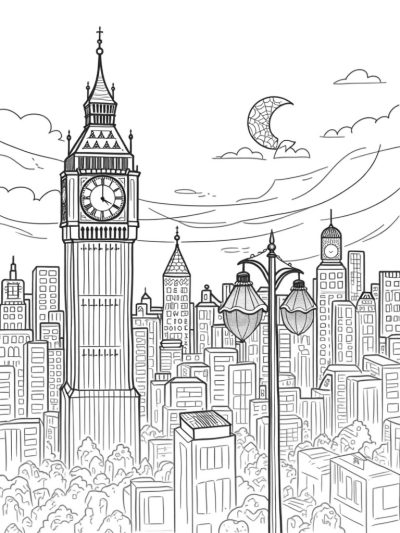 City Skyline with Spiderwebs and a Clock Tower