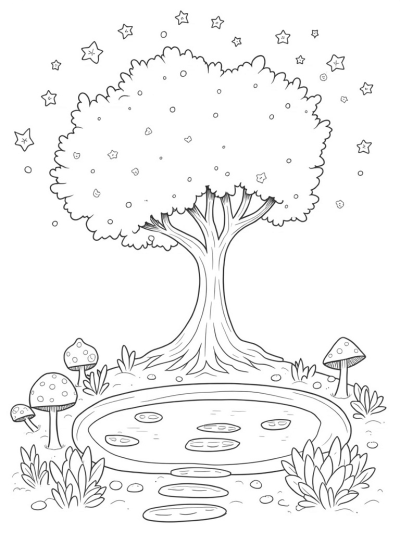 Majestic Tree with Starry Leaves and Moonlit Pond