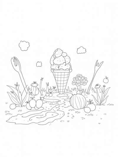 Oversized Fruits and Melting Ice Cream Cone in a Food Garden