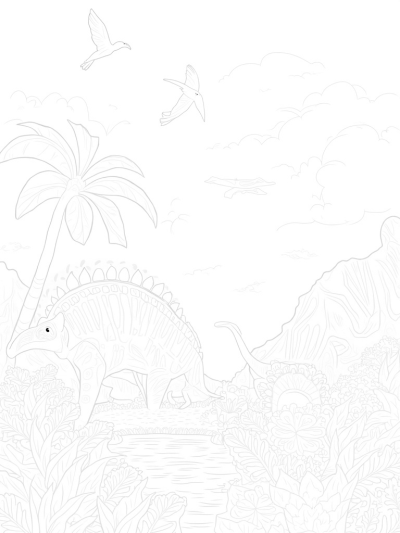 Stegosaurus and Triceratops in a Prehistoric Jungle