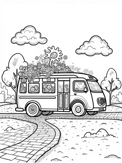 Giant Bus Greenhouse in a Whimsical Cityscape