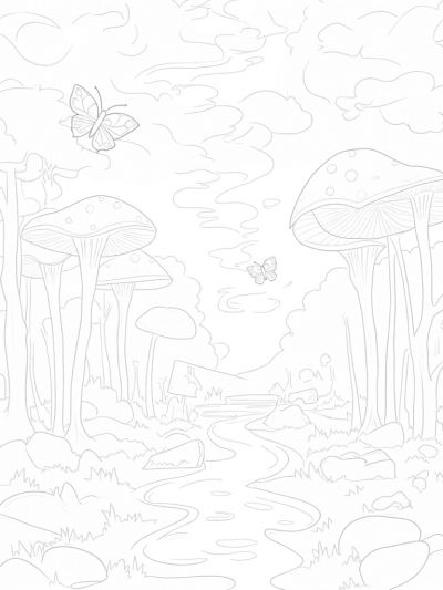 Enchanted Forest with Giant Mushrooms and Butterflies