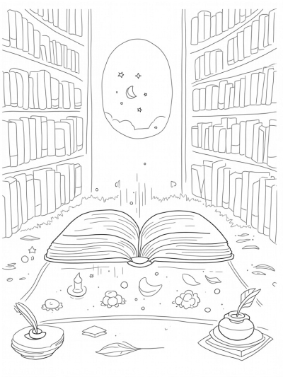 Magical Library with Spellbook and Potions
