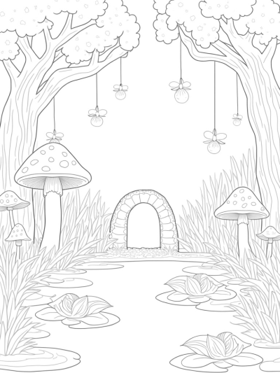 Enchanting Forest Clearing with Giant Mushrooms and a Sparkling Pond