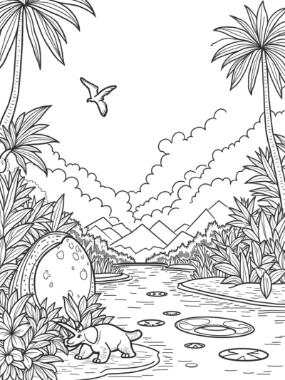 Colorful Prehistoric Jungle with Dinosaurs