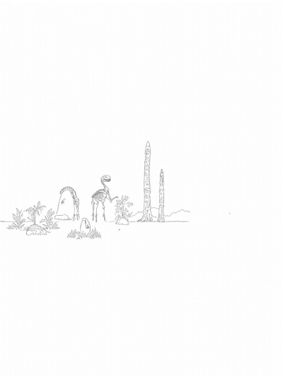 Prehistoric Jungle with Dinosaur Skeleton and Pterosaurs