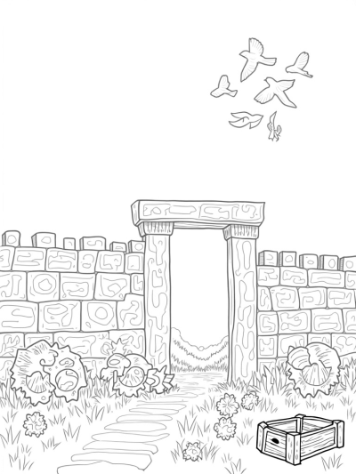 Mystical Stone Wall with Gears and Birds