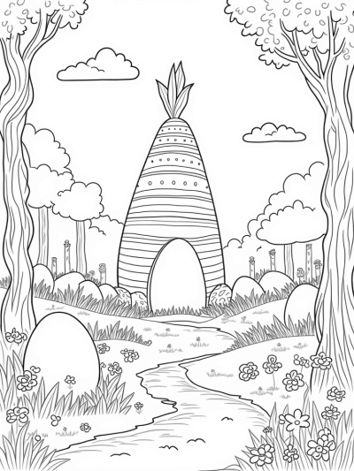 Magical Forest with Colorful Eggs and a Carrot Tower