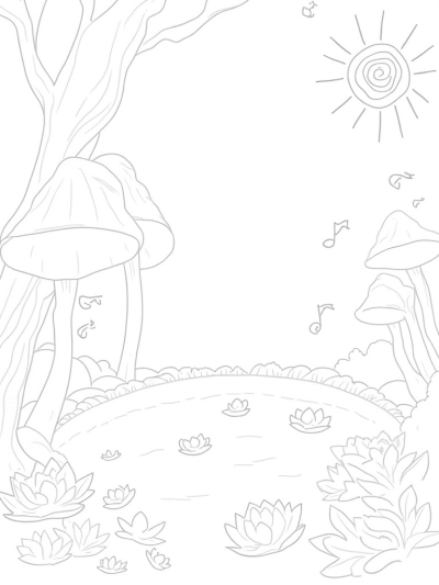 Oversized Mushrooms and Musical Note Leaves in a Forest