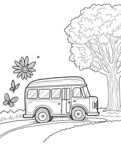 Sunflower Shaped Bus Rolling on a Leafy Road