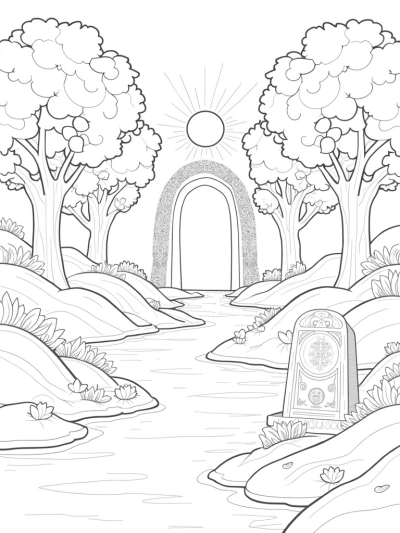 Tranquil Garden with Fruit Trees and Winding River