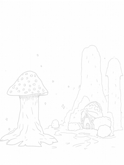 Enchanted Forest with Gigantic Mushrooms and a Cozy Hut