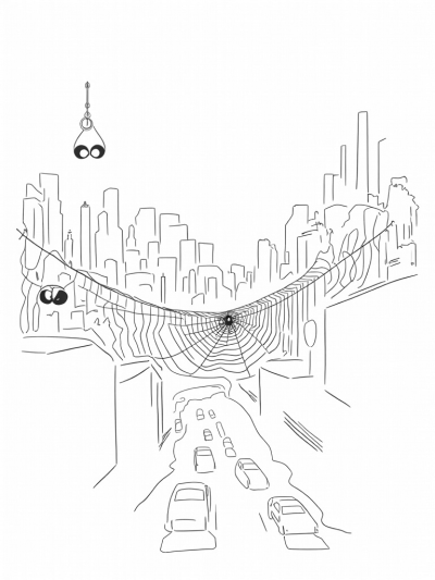 City Skyline with Spider Webs and Comic Panels