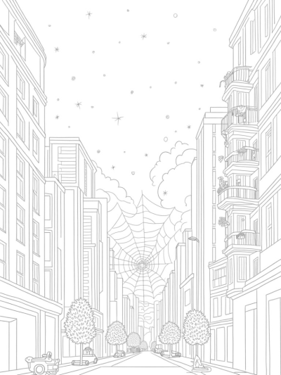 Urban Skyline with Spiderwebs at Twilight