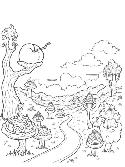 Giant Fruits and Chocolate Fountain in a Whimsical Orchard