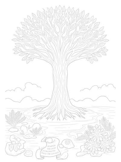 Towering Tree of Life with Doves and Joyful Fish