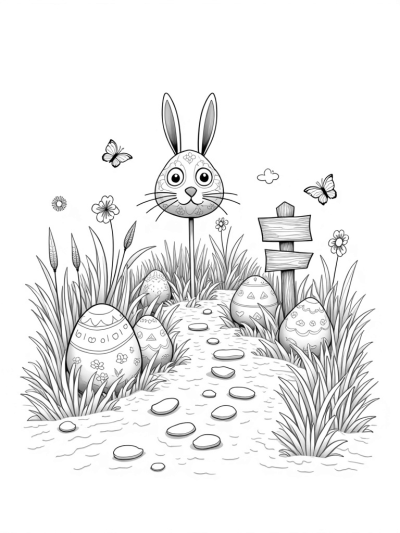 Whimsical Garden with Rabbit Topiary and Colorful Eggs