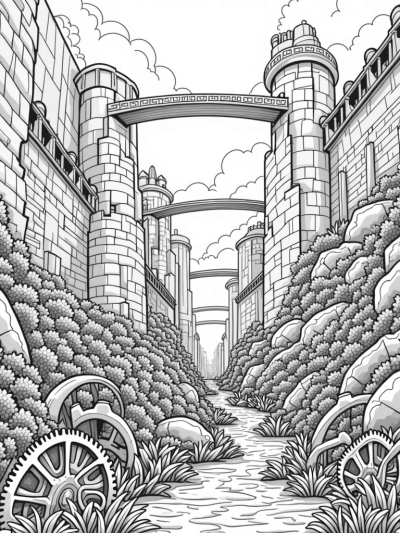 Ancient Cityscape with Giant Gear and Lush Garden