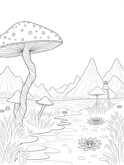 Oversized Mushrooms and a Twisted Tree in a Magical Forest Clearing