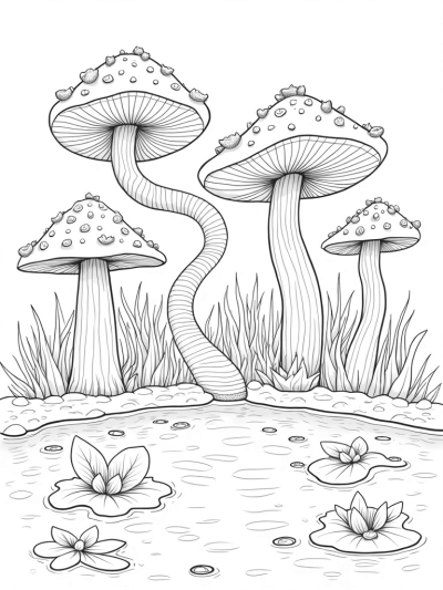 Enchanted Forest of Giant Mushrooms and Lanterns