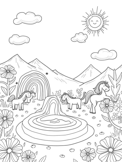 Fantastical Ponies in a Rainbow Fountain Meadow