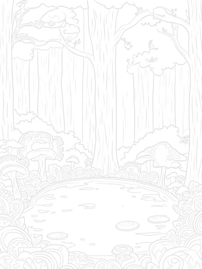 Spiraled Trees and Serene Pond in a Forest Clearing