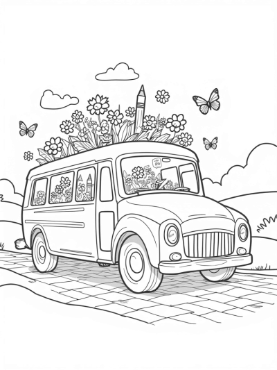 Garden Bus with Sunflower Wheels and Butterflies