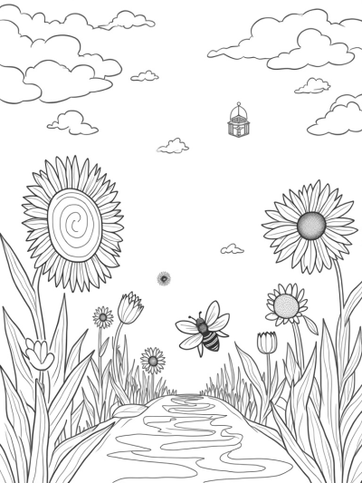 Oversized Flowers and a Giant Bee in a Whimsical Garden