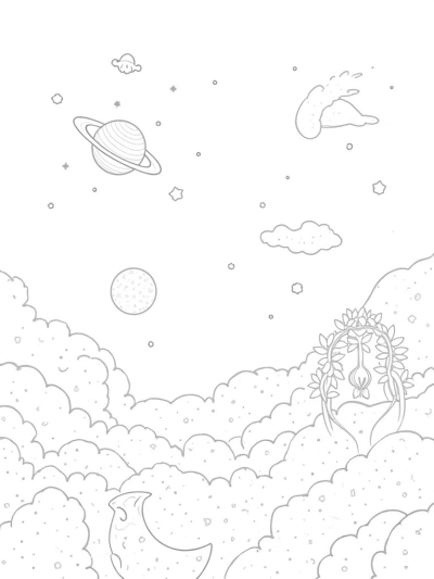 Celestial Garden with Blooming Planets and a Crescent Moon