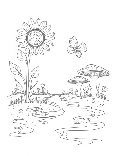 Oversized Flowers and a Butterfly in a Whimsical Garden