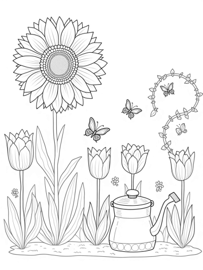 Giant Sunflower and Colorful Butterflies in a Garden