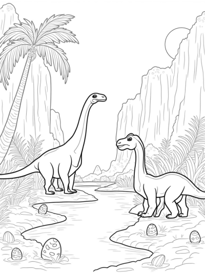Lush Prehistoric Jungle with Brachiosaurus and Triceratops