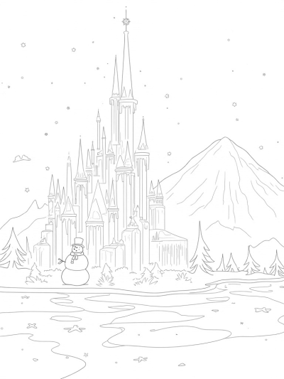 Majestic Ice Palace with Snowman and Frost Butterflies