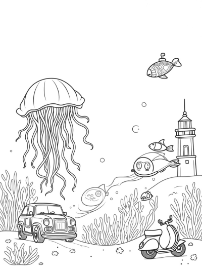 Underwater City with Submarines and a Giant Jellyfish