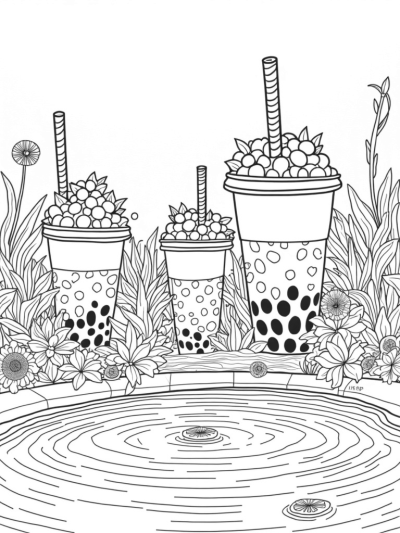 Boba Tea Garden with Bubble Cups and Taro Plants