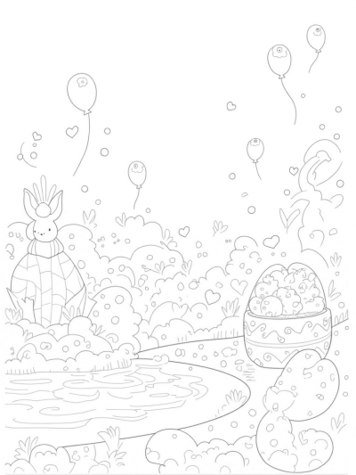Oversized Easter Eggs and a Carrot Fountain in a Garden