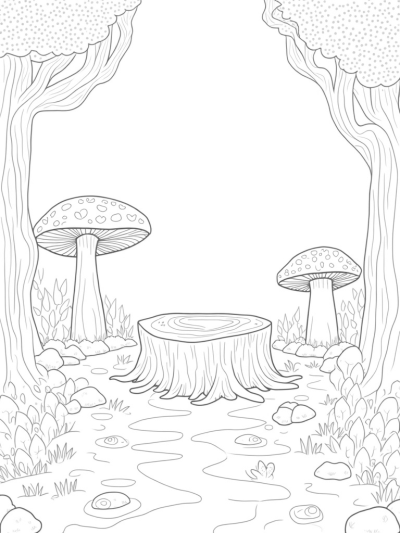Mystical Forest Clearing with Oversized Mushrooms and Whimsical Acorns