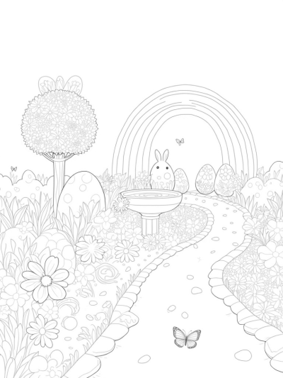 Easter Garden with Bunny Topiary and Colorful Eggs